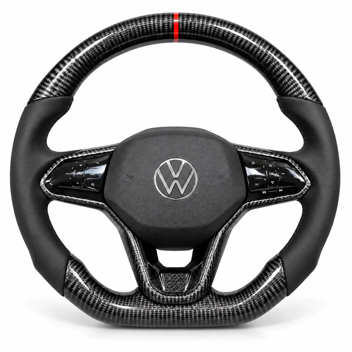 Version cuir lisse noir du même volant, haut et bas en carbone brillant, Golf 8 GTI et R