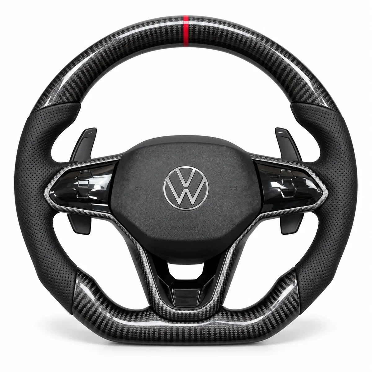 Version cuir perforé noir du même volant, haut et bas en carbone brillant, modèle Golf 8 GTI (palettes au volant en option, non comprises)