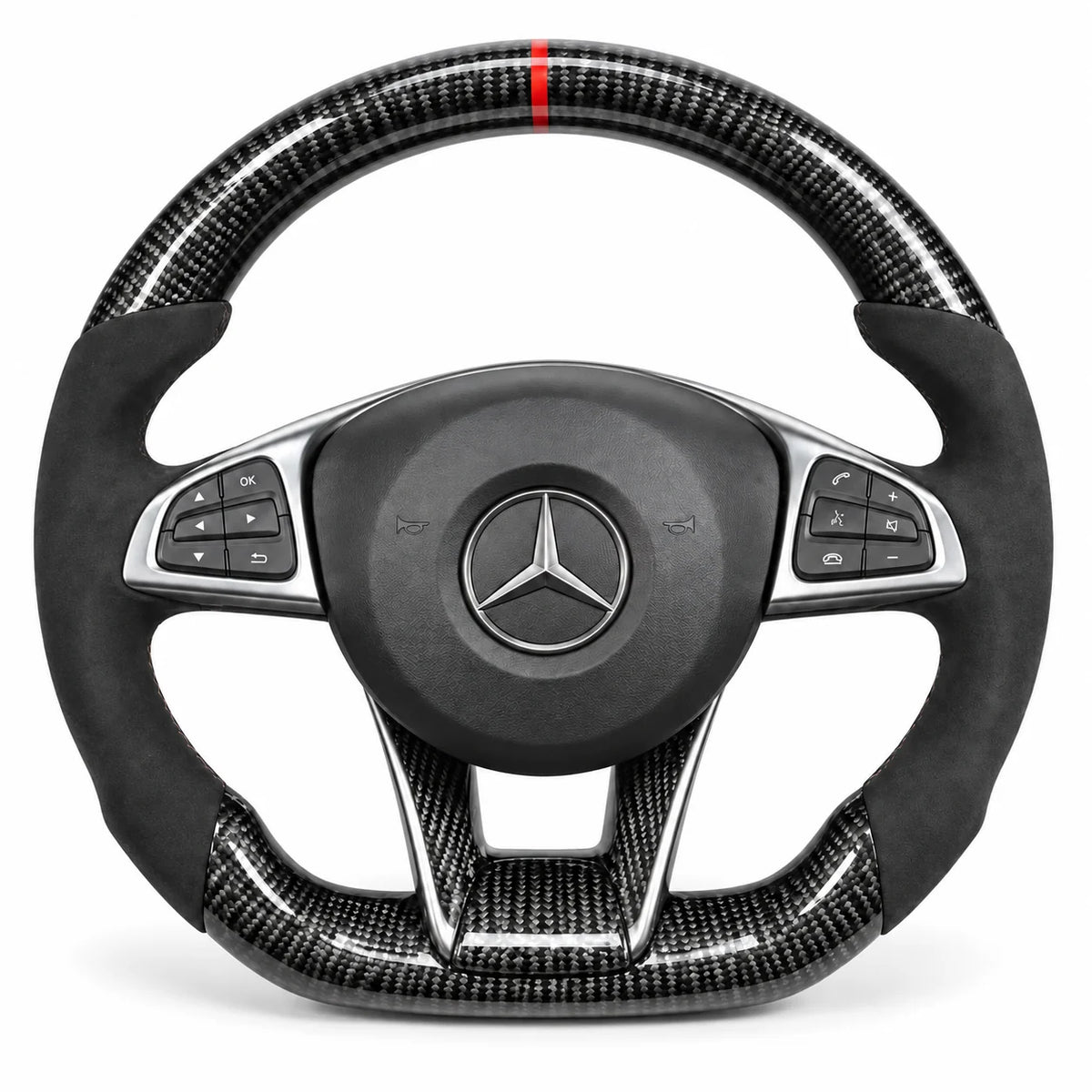 Volant carbone pour Mercedes Classe A W176 et Classe C W205 vu de face, côtés en alcantara noir, repère rouge au sommet
