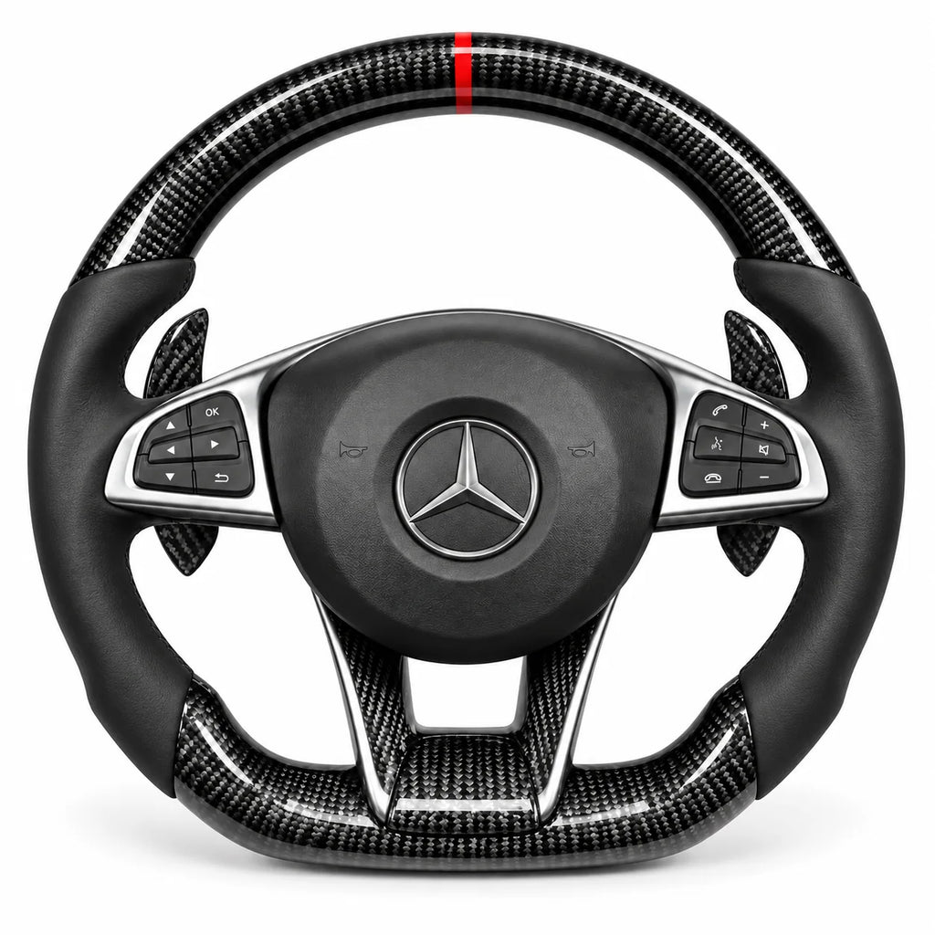 Version cuir lisse noir du même volant, haut et bas en carbone brillant, Mercedes Classe A W176 et Classe C W205 (palettes au volant en option, non comprises)