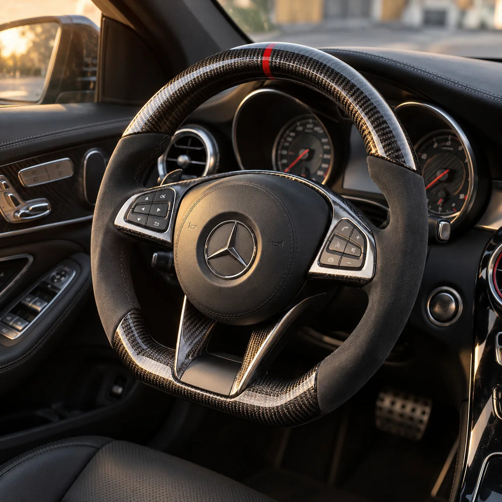 Mercedes A45 AMG : volant monté vu depuis le siège passager, bas plat et carbone brillant