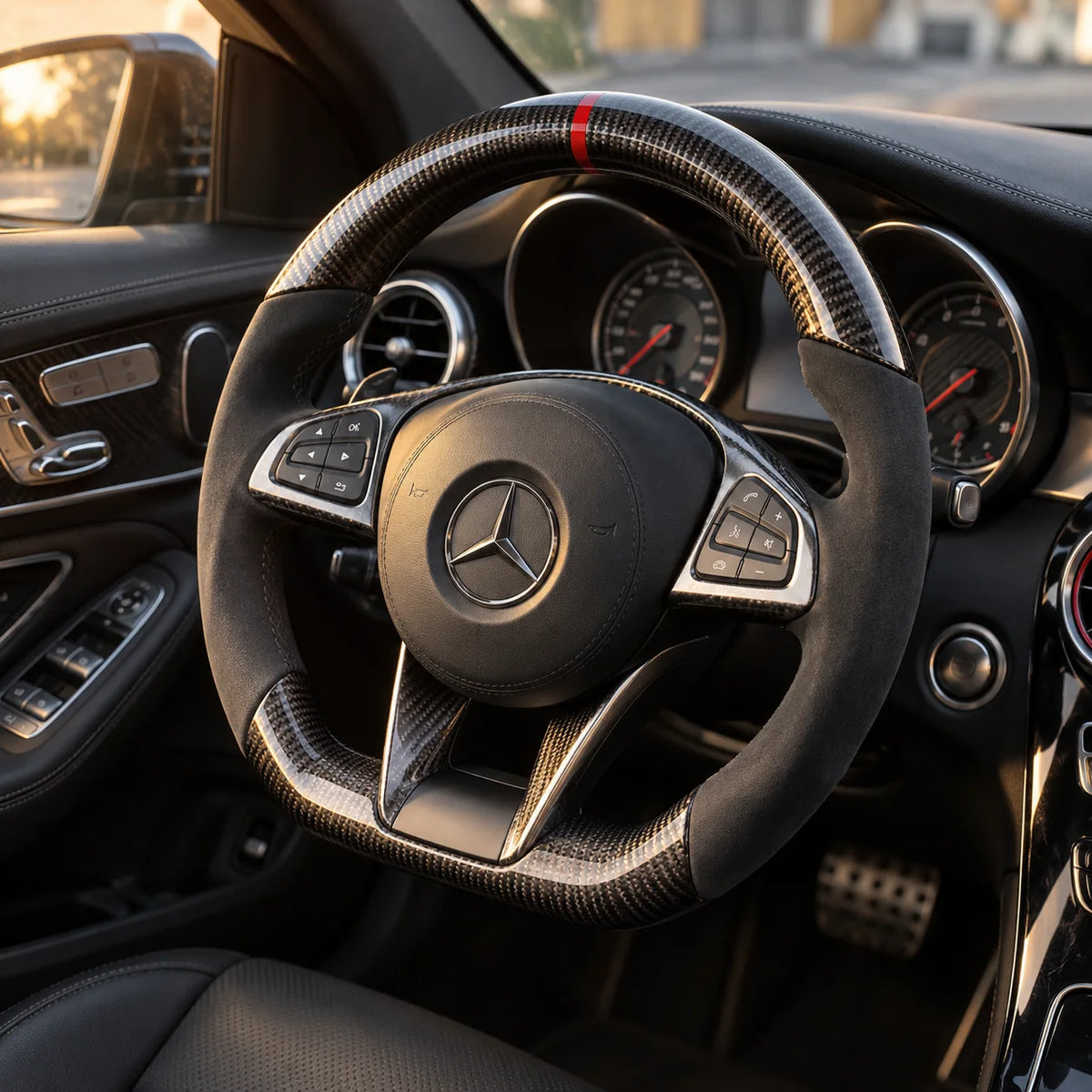 Mercedes A45 AMG : volant monté vu depuis le siège passager, bas plat et carbone brillant