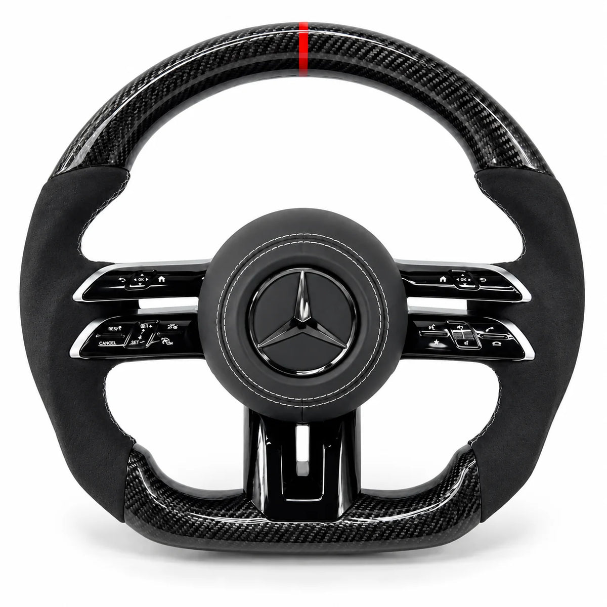Volant carbone pour Mercedes Classe C W206 vu de face, côtés en alcantara noir, repère rouge au sommet