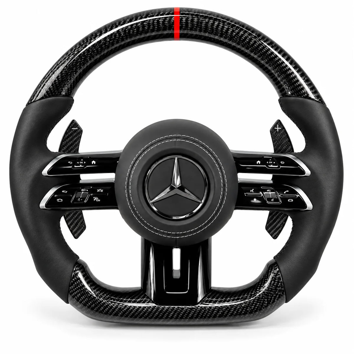 Version cuir lisse noir du même volant, haut et bas en carbone brillant, Mercedes Classe C W206 (palettes au volant en option, non comprises)