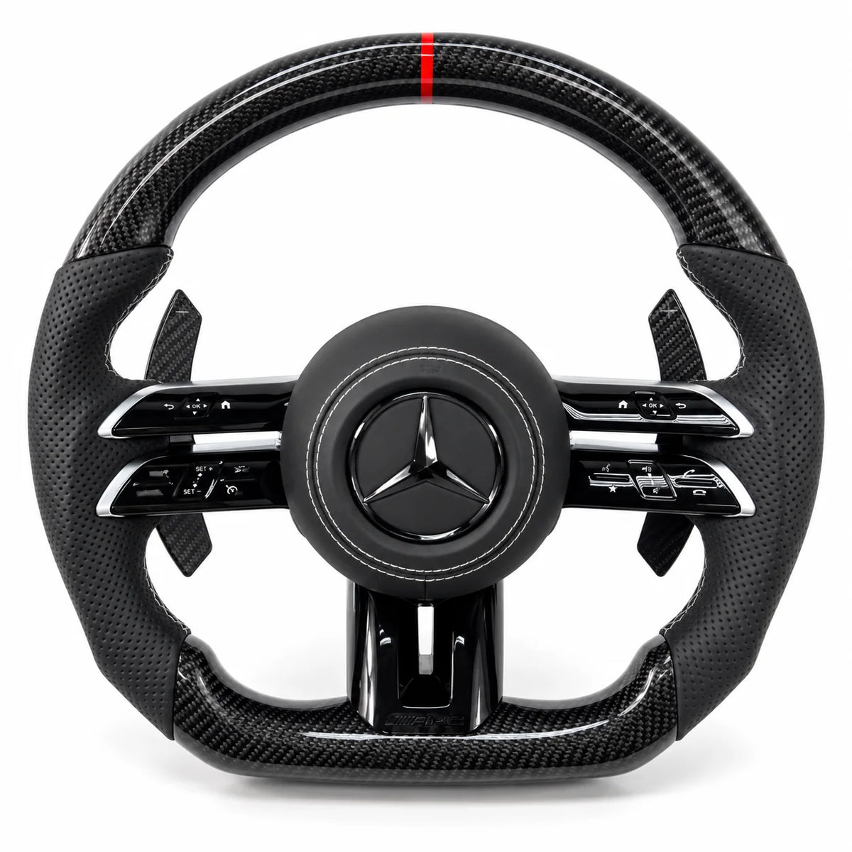 Version cuir perforé noir du même volant, haut et bas en carbone brillant, modèle Mercedes W206 (palettes au volant en option, non comprises)