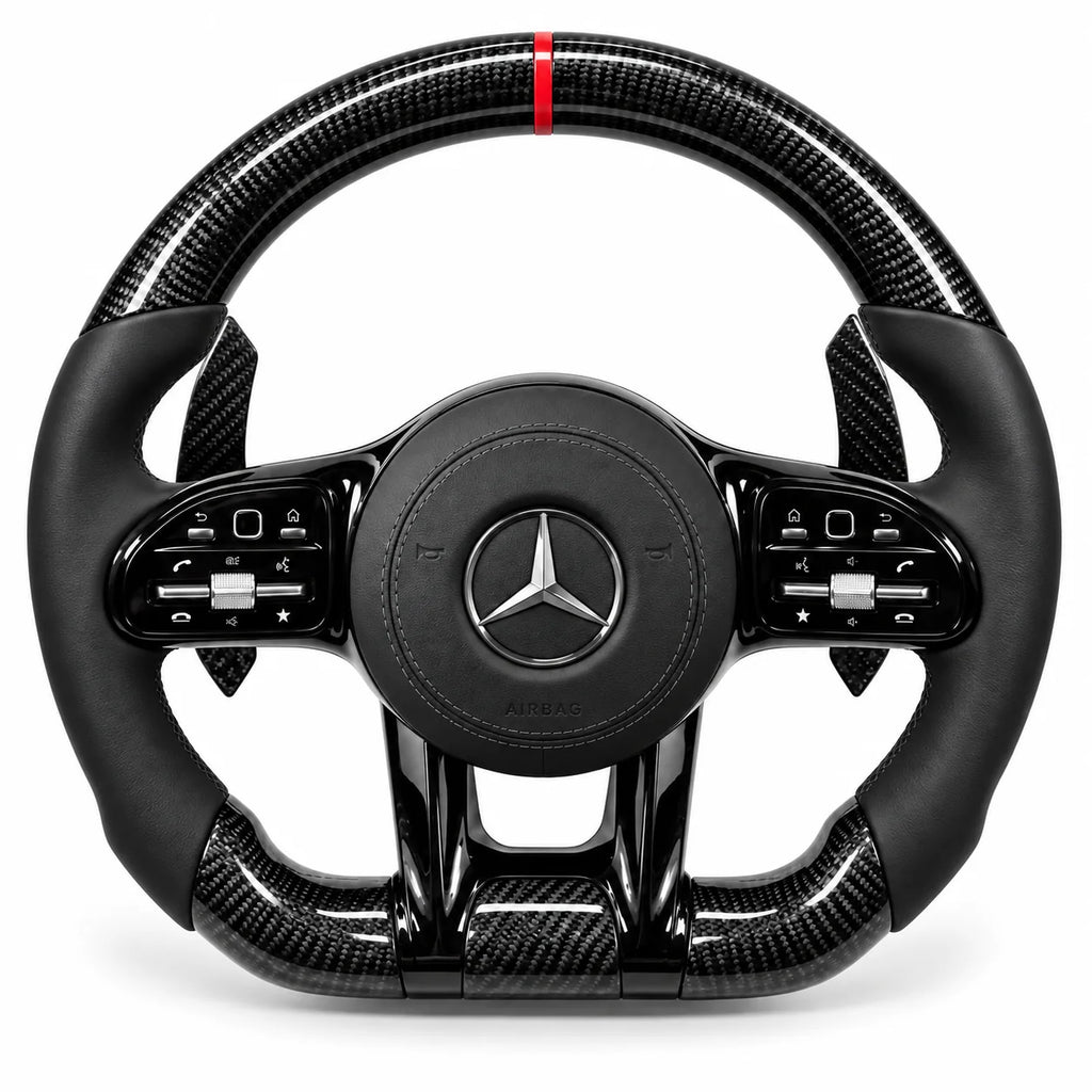 Version cuir lisse noir du même volant, haut et bas en carbone brillant, Mercedes Classe A W177, CLA et Classe C (palettes au volant en option, non comprises)