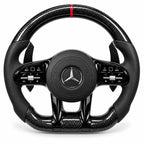 Version cuir lisse noir du même volant, haut et bas en carbone brillant, Mercedes Classe A W177, CLA et Classe C (palettes au volant en option, non comprises)