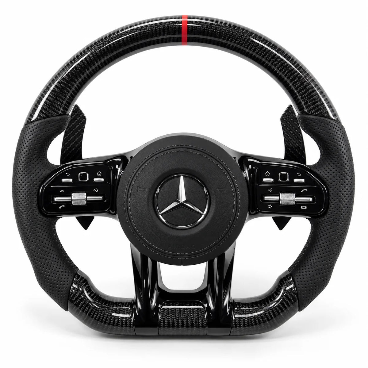 Version cuir perforé noir du même volant, haut et bas en carbone brillant, Mercedes W177 (palettes au volant en option, non comprises)