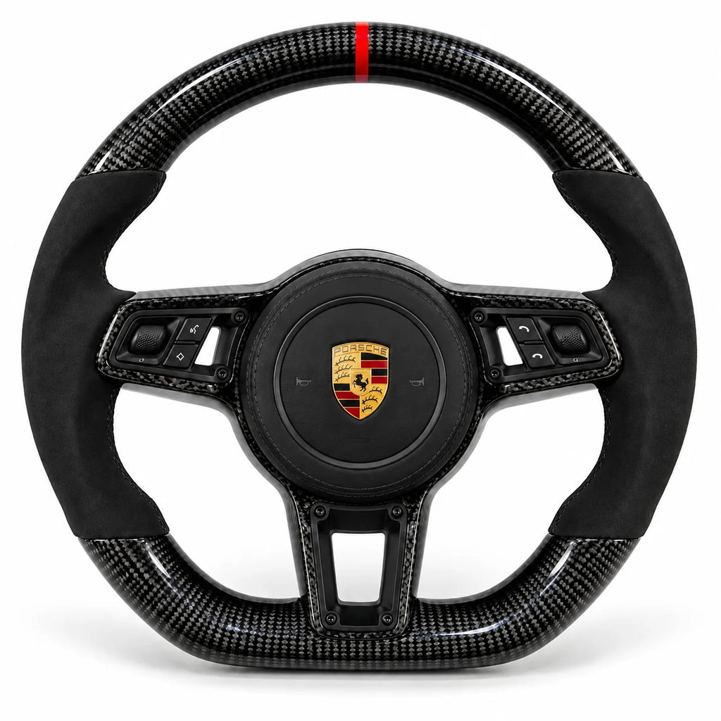 Volant carbone pour Porsche 911, Cayenne, Macan et Panamera vu de face, côtés en alcantara noir, repère rouge au sommet