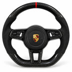 Volant carbone pour Porsche 911, Cayenne, Macan et Panamera vu de face, côtés en alcantara noir, repère rouge au sommet