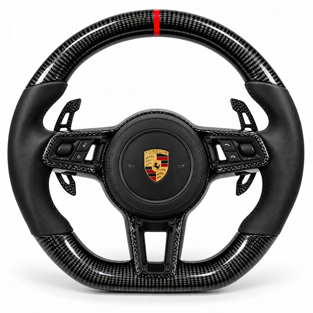 Version cuir lisse noir du même volant, haut et bas en carbone brillant, Porsche 911, Cayenne, Macan et Panamera (palettes au volant en option, non comprises)