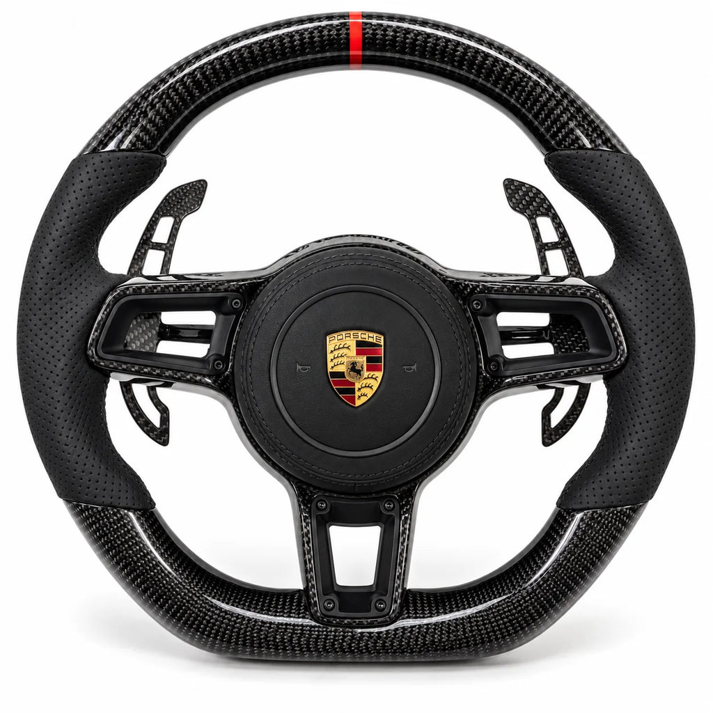 Version cuir perforé noir du même volant, haut et bas en carbone brillant, modèle Porsche 911 (palettes au volant en option, non comprises)