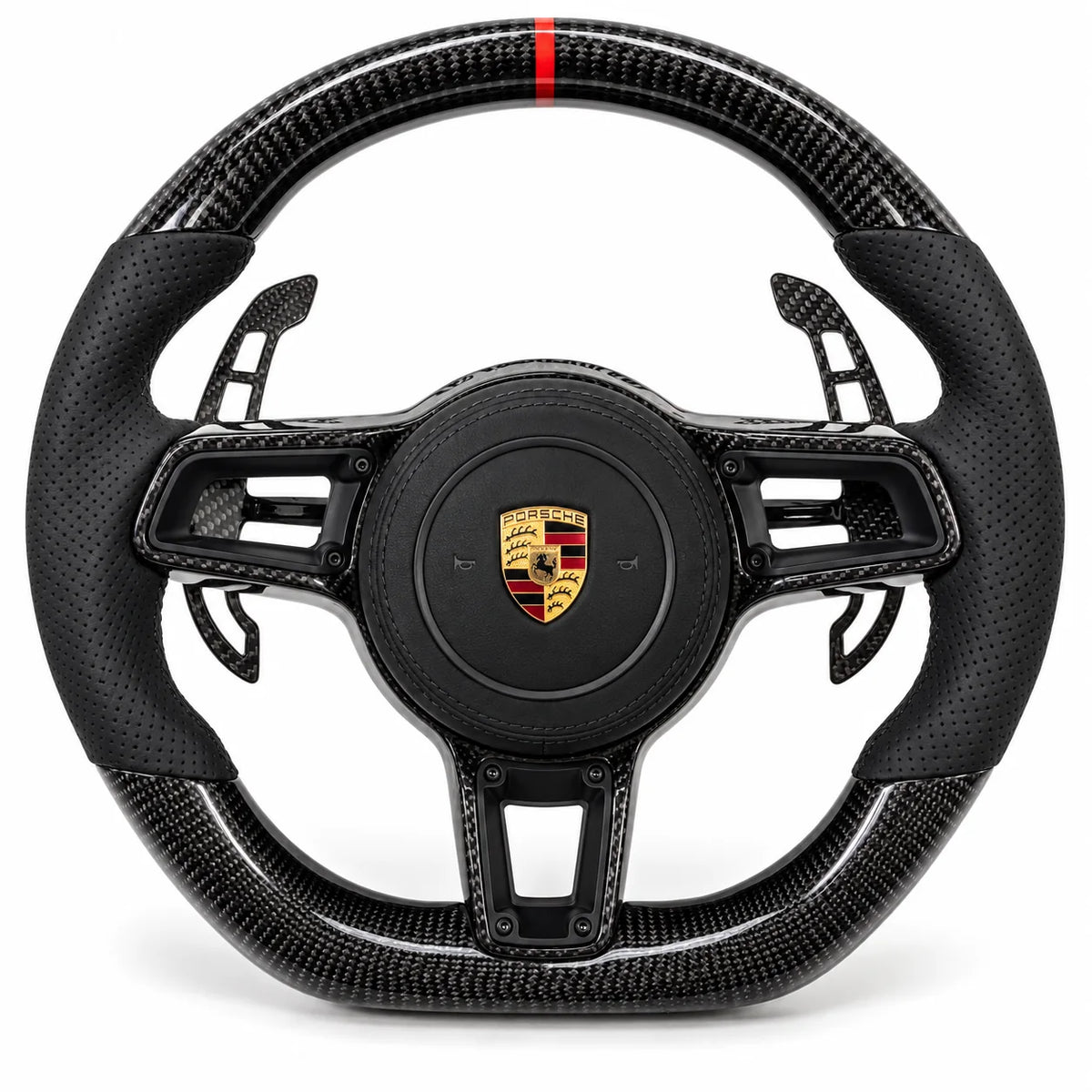 Version cuir perforé noir du même volant, haut et bas en carbone brillant, modèle Porsche 911 (palettes au volant en option, non comprises)