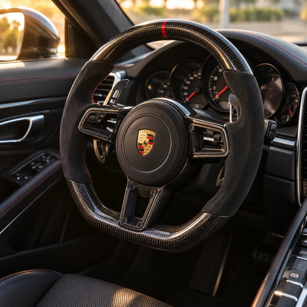 Porsche 911 : volant monté vu depuis le siège passager, bas plat et carbone brillant