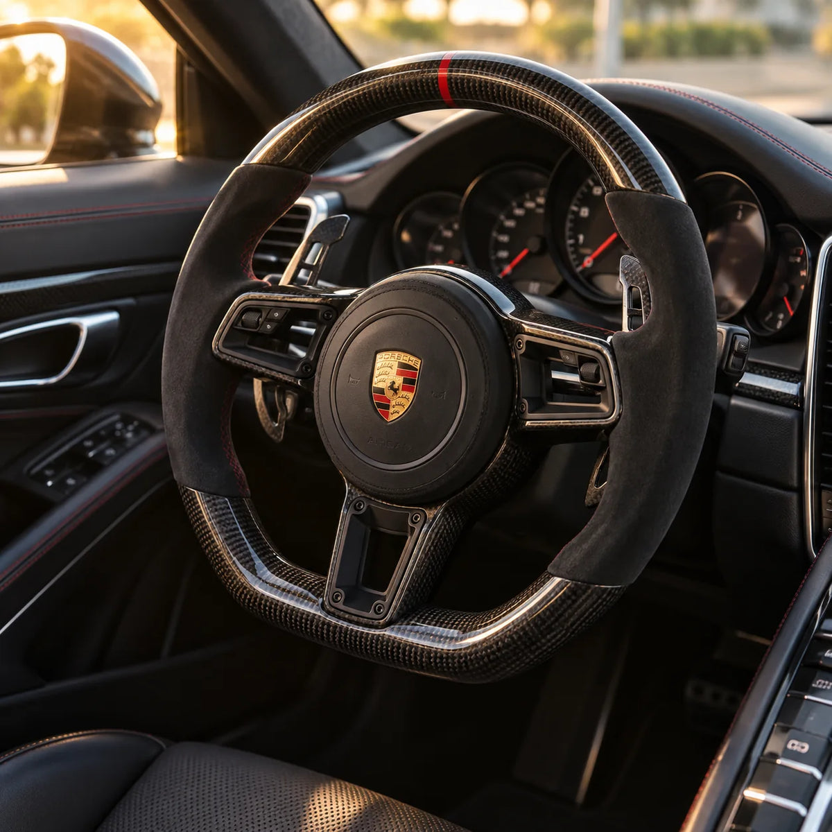 Porsche 911 : volant monté vu depuis le siège passager, bas plat et carbone brillant